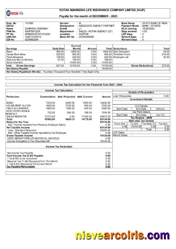 Kotak Life Insurance Company payslip